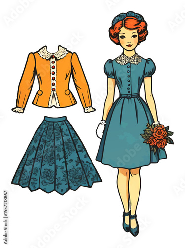 vintage paper doll fashion model with changeable clothes vector illustration
