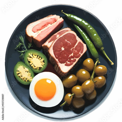 meat, legumes, and egg meal on a plate vecgtor illustration
