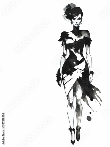 young lady in fashion dress ink sketch decorative element wth white area for insertion