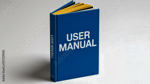 A professional product photo of a royal blue hardcover user manual standing upright on white background with clean minimalist lighting