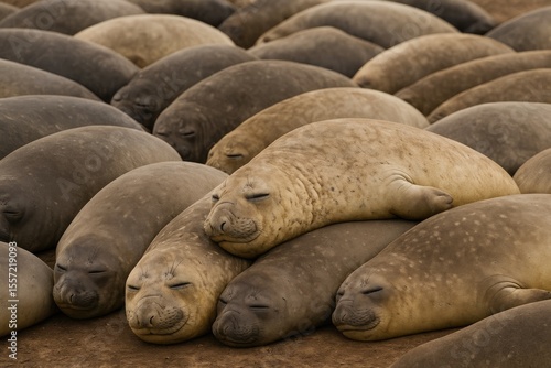 Group of Elephant Seals resting closely in a colony