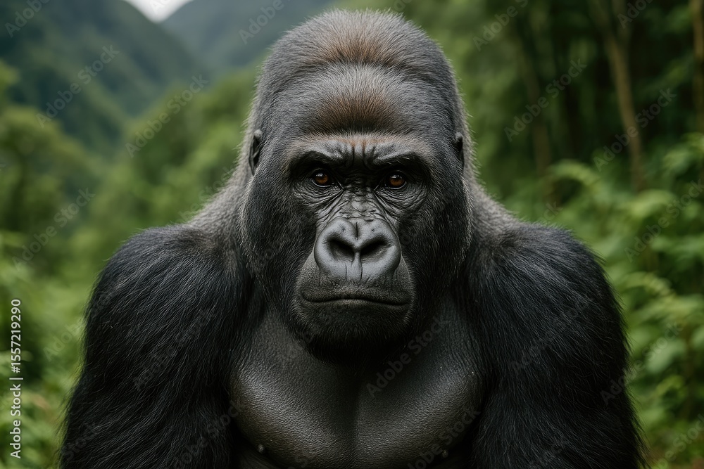 Fototapeta premium The metallic silver gorilla's face amidst natural surroundings, a wild primate resembling a monkey.