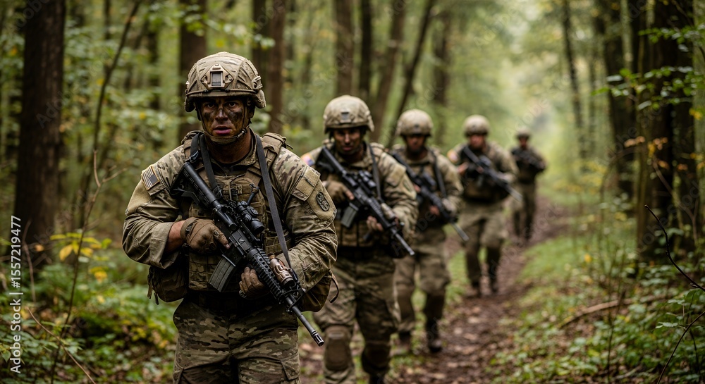 Determined Soldier Walking with Rifle in Camouflage Uniform Through Forest Determined Soldier Walking with Rifle in Camouflage Uniform Through Forest