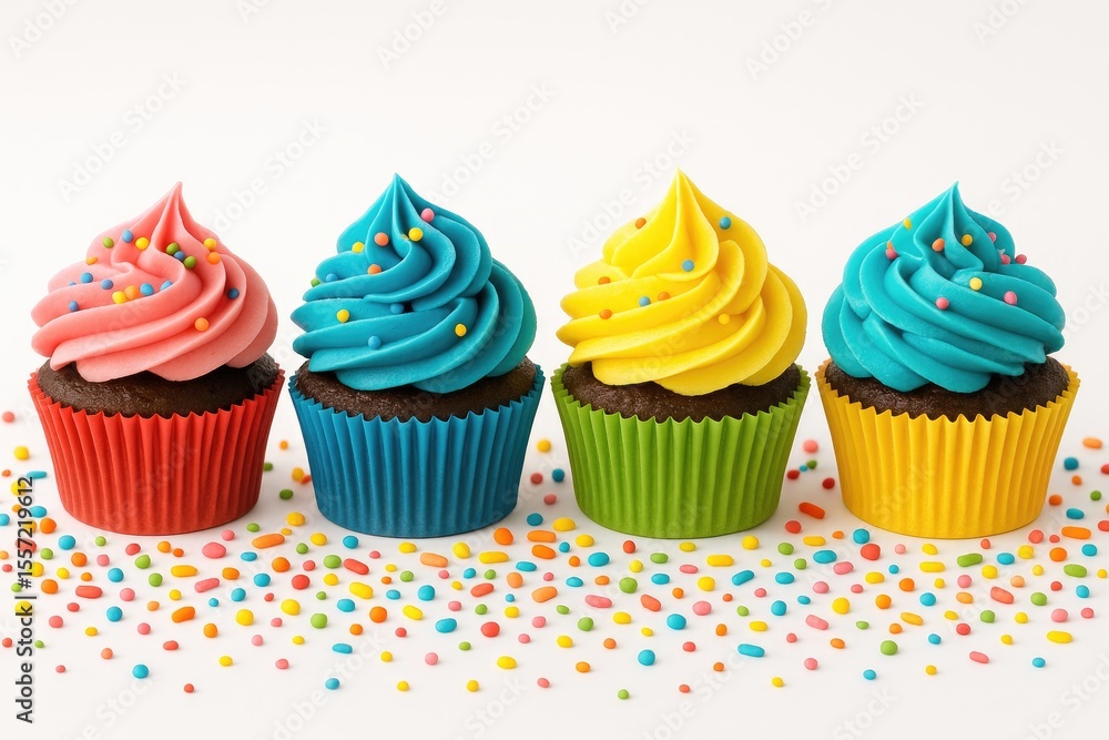 Vibrant frosting cupcakes adorned with sweet sugar embellishments Vibrant frosting cupcakes adorned with sweet sugar embellishments