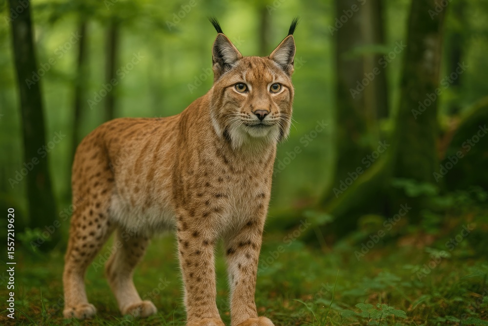 Fototapeta premium Wild Eurasian Lynx roaming the Bavarian Forest in Germany, reintroduced in the 1990s