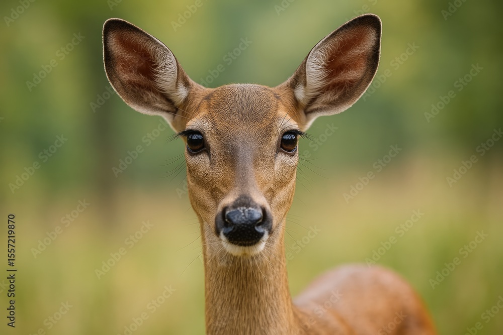 Fototapeta premium Detailed view of a female deer’s face showcasing striking eyes, elongated eyelashes, and large ears against a soft-focus background