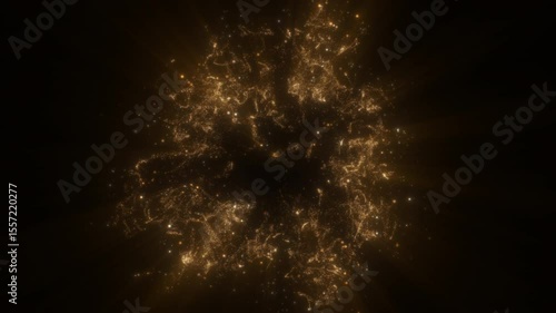 4k 3D explosion animation of golden spark particles softly bursting and forming light on a dark background. Ideal for elegant festive designs, New Year and luxury event visuals.