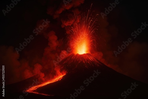 Volcanic eruption under the night sky with fiery lava and explosive activity