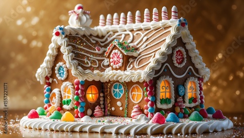 Gingerbread House Fantasy: A beautifully crafted gingerbread house, decorated with colorful candies and intricate frosting details, evoking a sense of warmth, festivity, and childhood wonder.