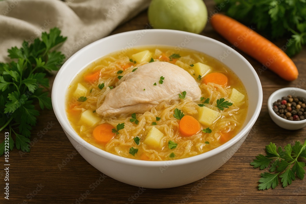 Hearty and flavorful chicken and fermented cabbage stew served for dinner Hearty and flavorful chicken and fermented cabbage stew served for dinner