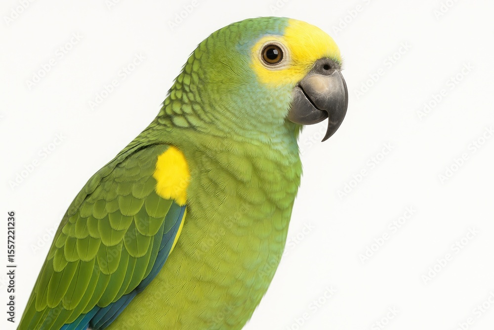 Obraz premium Detailed view of a Yellow-shouldered Amazon parrot from the right side, featuring vibrant colors against a plain white backdrop