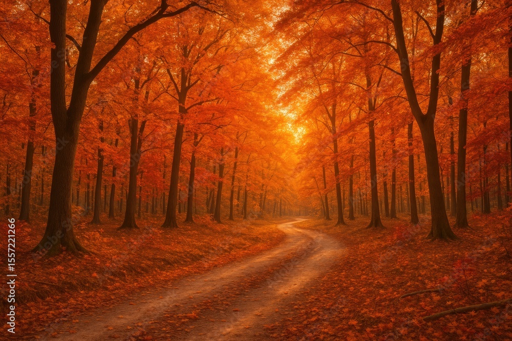 Fototapeta premium Autumnal woodland scene bathed in sunset glow with vibrant fall foliage