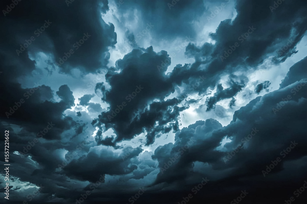 Naklejka premium A dramatic sky filled with dark heavy teal-toned storm clouds Light breaks through the dense cloud cover creating a sense of foreboding and atmospheric intensity