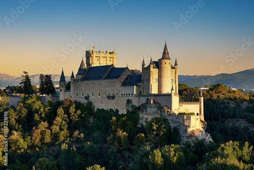Panoramic view of the palace Alcazar of Segovia at sunset with clear blue sky.