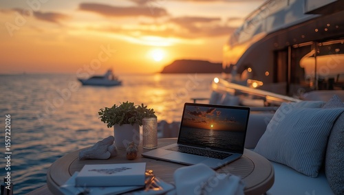 Elegant outdoor dining setup on a yacht at sunset, with a laptop, potted plant, and scenic view of calm waters.