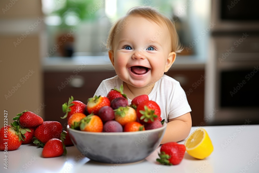 Happy baby laughing and enjoying a bowl of fresh fruit, including strawberries, plums, and a lemon, promoting healthy eating habits from a young age Happy baby laughing and enjoying a bowl of fresh fruit, including strawberries, plums, and a lemon, promoting healthy eating habits from a young age