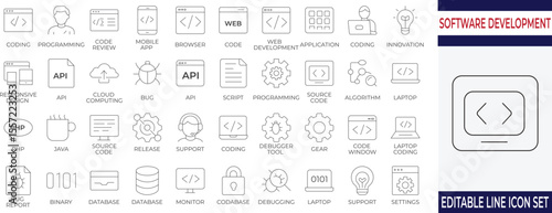 Clean, modern line icon set for software development, coding, API, and debugging projects. Perfect for apps, SaaS websites, and developer dashboards with a consistent style.