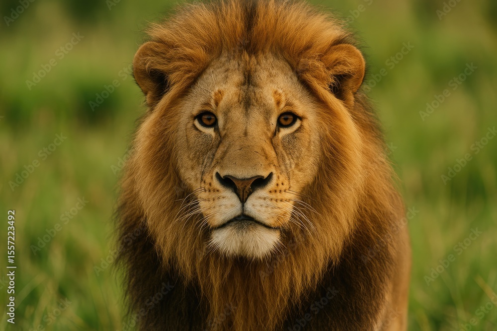 Fototapeta premium Close-up of a male lion's face in its natural habitat