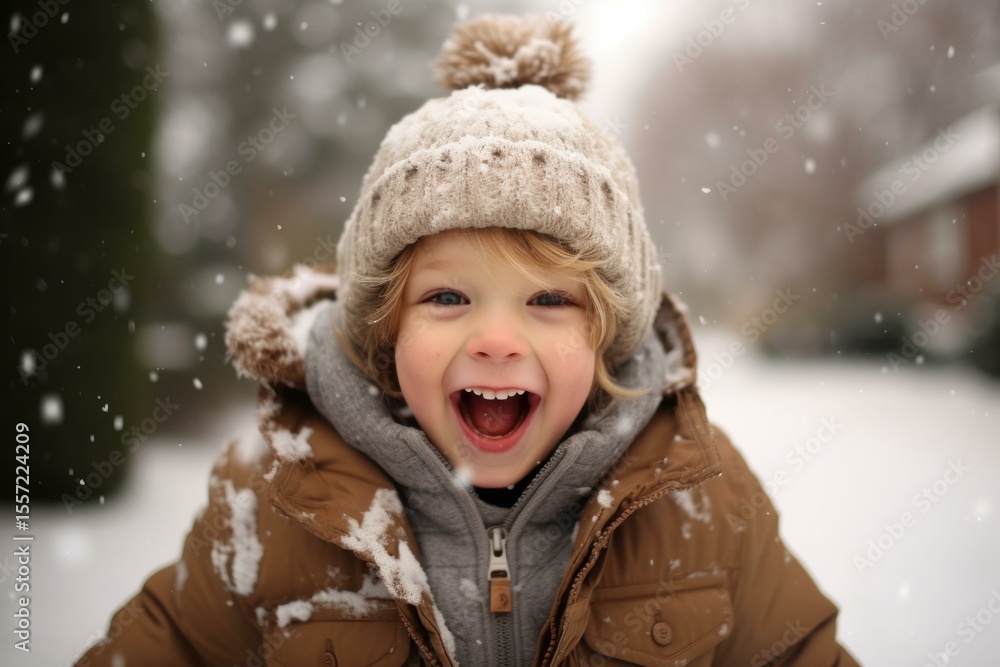 Fototapeta premium Young boy laughing and having fun while snowflakes fall around him in a winter setting