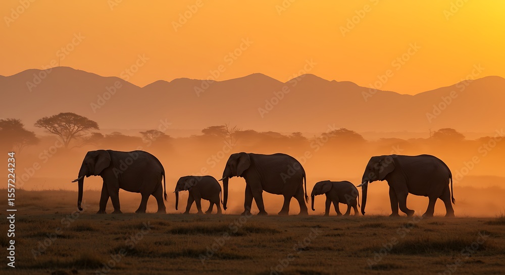 Fototapeta premium African elephants walk through the golden sunrise on the savanna, a peaceful family portrait on the plains.