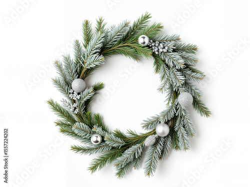 Christmas wreath decorated with silver ornaments and greenery isolated white background 