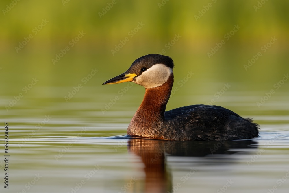 A vibrant red-necked grebe glides peacefully across a tranquil lake surface. A vibrant red-necked grebe glides peacefully across a tranquil lake surface.