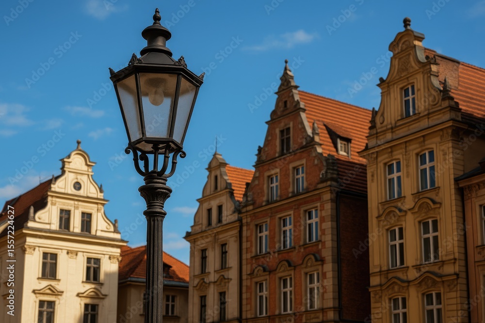 Fototapeta premium Vintage streetlamp against old architectural facades