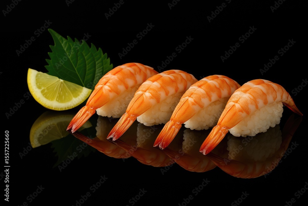 Assorted shrimp sushi displayed on a dark surface with a mirrored effect Assorted shrimp sushi displayed on a dark surface with a mirrored effect