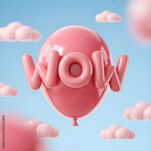 3D Inflated Text WOW on a Pastel Background Surprise