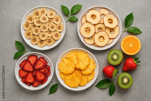 Wallpaper Mural Assorted dried fruit slices and crispy chips displayed on a neutral surface for healthy snack options Torontodigital.ca