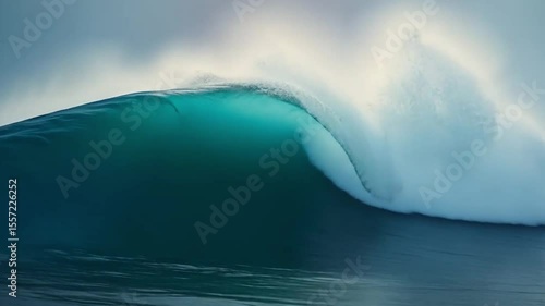Powerful Ocean Wave Crashing and Breaking Under a Moody Sky