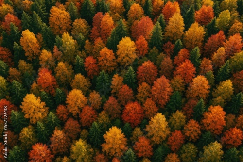 Bird's-eye perspective of a woodland displaying fall foliage
