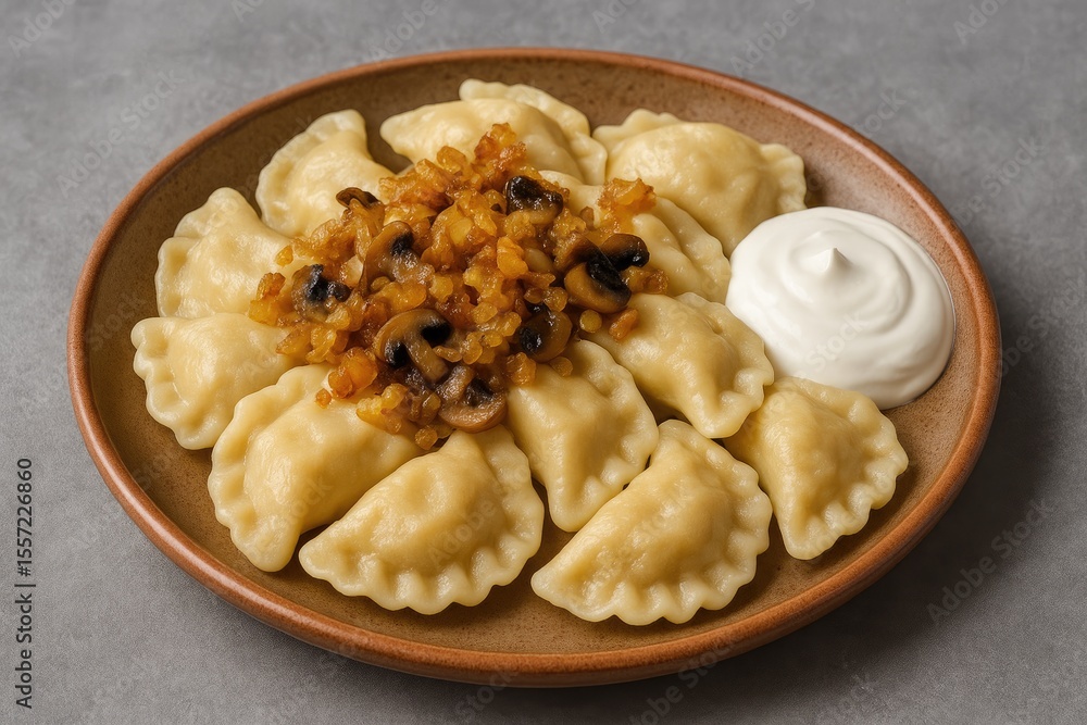 Classic Eastern European cuisine featuring stuffed dumplings filled with potatoes and mushrooms, topped with sour cream and crispy fried onions, served on a ceramic plate against a neutral background Classic Eastern European cuisine featuring stuffed dumplings filled with potatoes and mushrooms, topped with sour cream and crispy fried onions, served on a ceramic plate against a neutral background