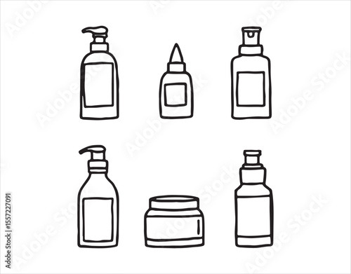 editable line icon set showcasing beauty bottles, which includes a lotion pump, dropper bottle, spray bottle, cream jar, and toner bottle, all in a trendy thin stroke style.