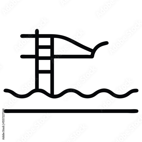 Minimalist drawing of diving board above sea waves in line art