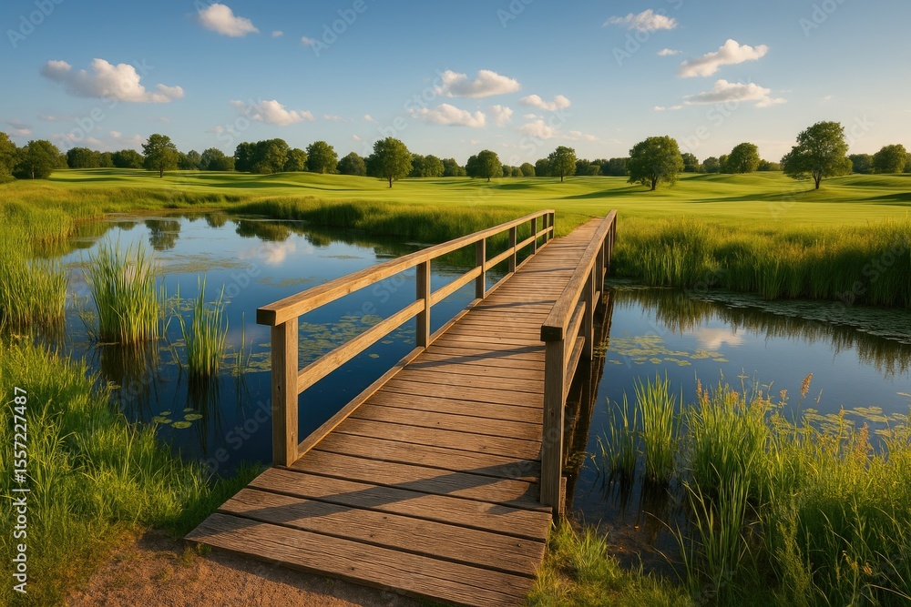 Naklejka premium A quaint wooden footbridge spans a serene marsh during a picturesque summer sunset
