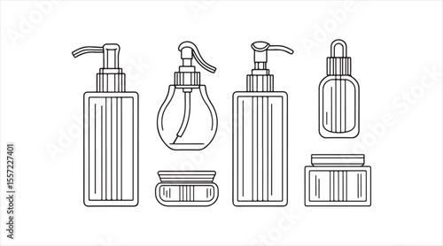 editable line icon collection showcases beauty bottles, including a lotion pump, dropper bottle, spray bottle, cream jar, and toner bottle, designed in a contemporary thin stroke style.