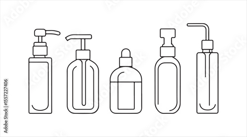 A set of editable line icons featuring beauty bottles like a lotion pump, dropper bottle, spray bottle, cream jar, and toner bottle, all in a sleek modern thin stroke style.
