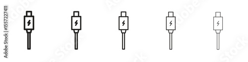 USB type c iconBlack linear bold and thin strokes set