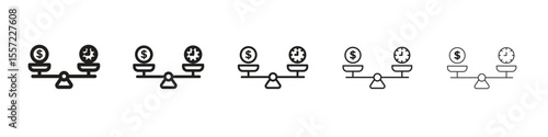 Time and money compare scale iconBlack linear bold and thin strokes set