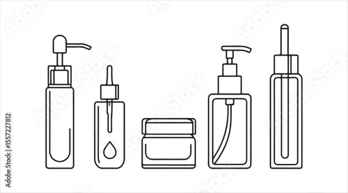 Featuring a lotion pump, dropper bottle, spray bottle, cream jar, and toner bottle, this editable line icon set of beauty bottles is designed in a contemporary thin stroke style.


