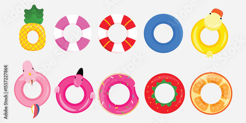 Collection of Colorful Pool Floaties for Summer Vibes and Beach Fun flamingo, duck, unicorn