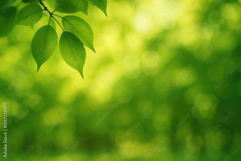 Fototapeta premium Vivid green leaves illuminated by sunlight with a soft-focus backdrop, featuring a blooming cherry blossom and eco-inspired abstract scenery