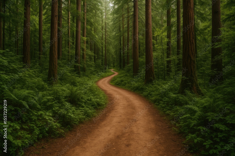 Naklejka premium A winding trail winds through a thick woodland, lined with towering trees and vibrant foliage, guiding into the forest interior.