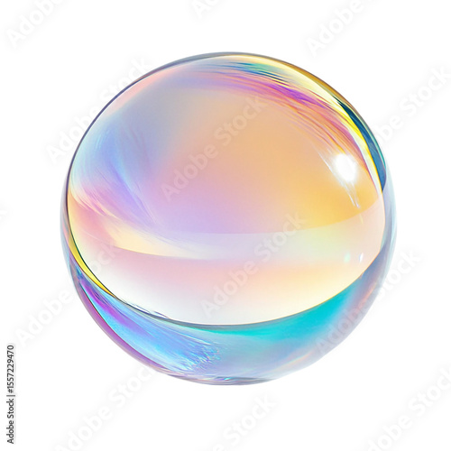Transparent glass sphere with colorful iridescent gradient reflections and refractions in a minimalist modern abstract studio setting The spherical glass orb creates [Transparent Background PNG].