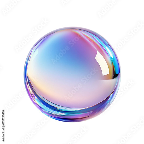 Transparent glass sphere with colorful iridescent gradient reflections and refractions in a minimalist modern abstract studio setting The spherical glass orb creates [Transparent Background PNG].