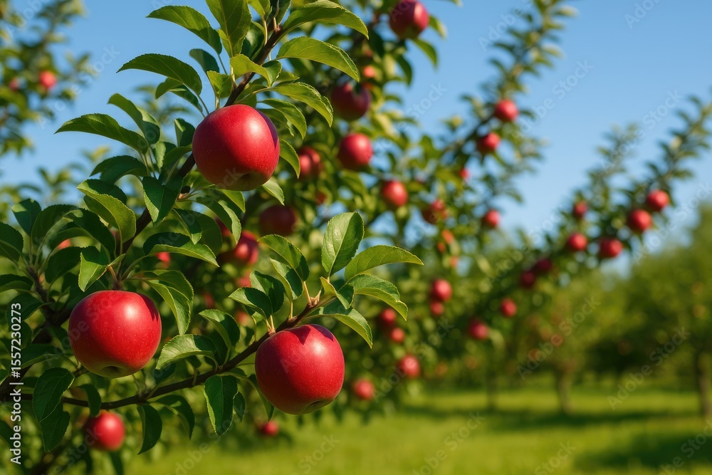 Obraz premium Bright sunlight shining on apple tree branches with fruit