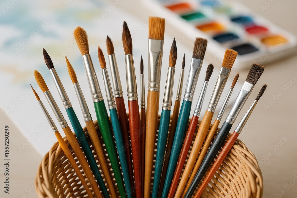 Fototapeta premium Collection of diverse paintbrushes stored in a basket