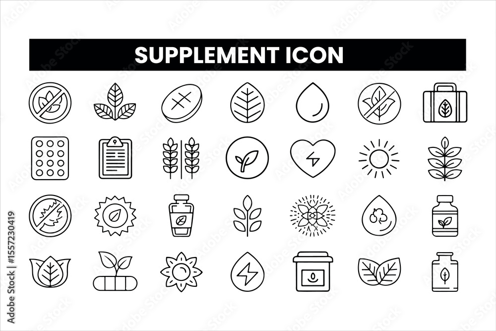 Fototapeta premium Set of outline icons related to supplement Linear icon collection. Editable stroke. Vector illustration