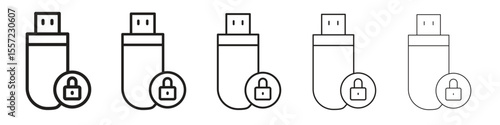 Pendrive security iconBlack linear bold and thin strokes set